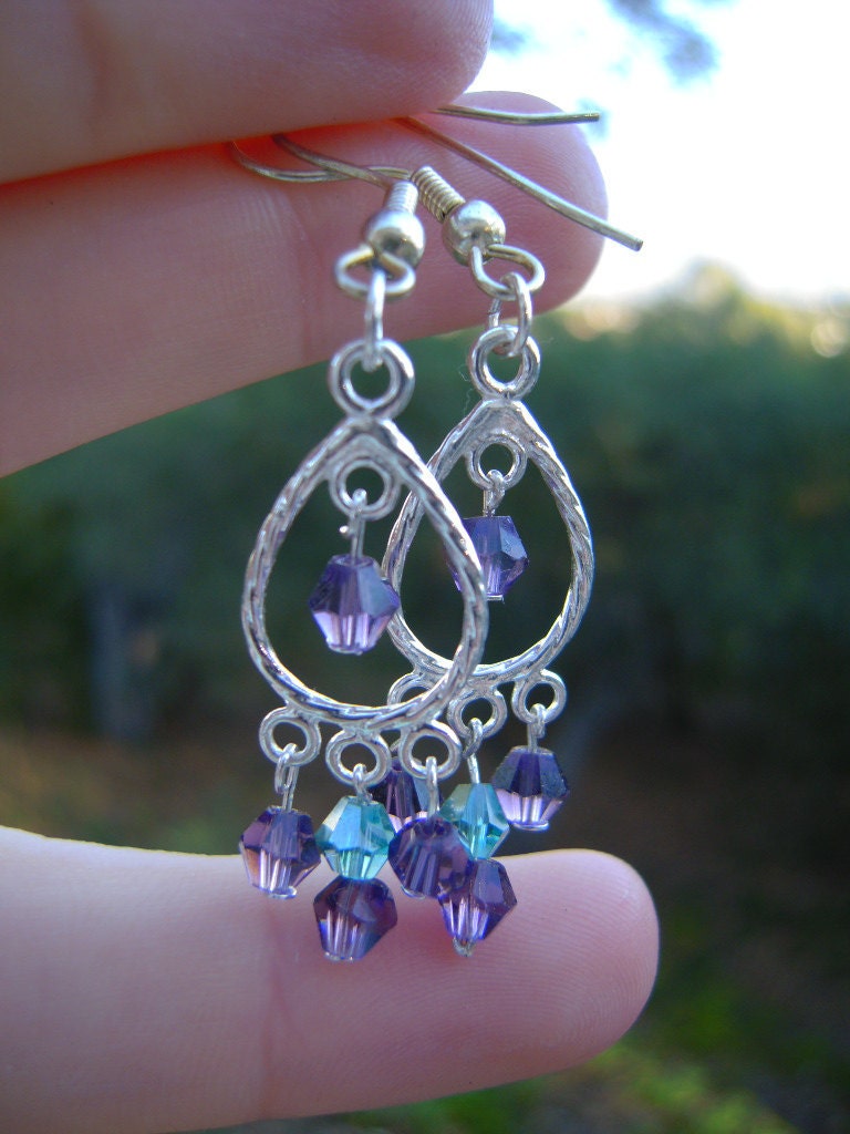 Purple and Blue Glass Beaded Chandelier Earrings