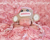 Pink Sock Monkey Hat Crochet Baby Cap Girls Photo Prop Newborn to Toddler Sizing