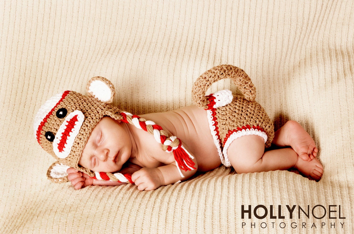 Sock Monkey Costume Hat and Diaper Cover Set Newborn Photography prop