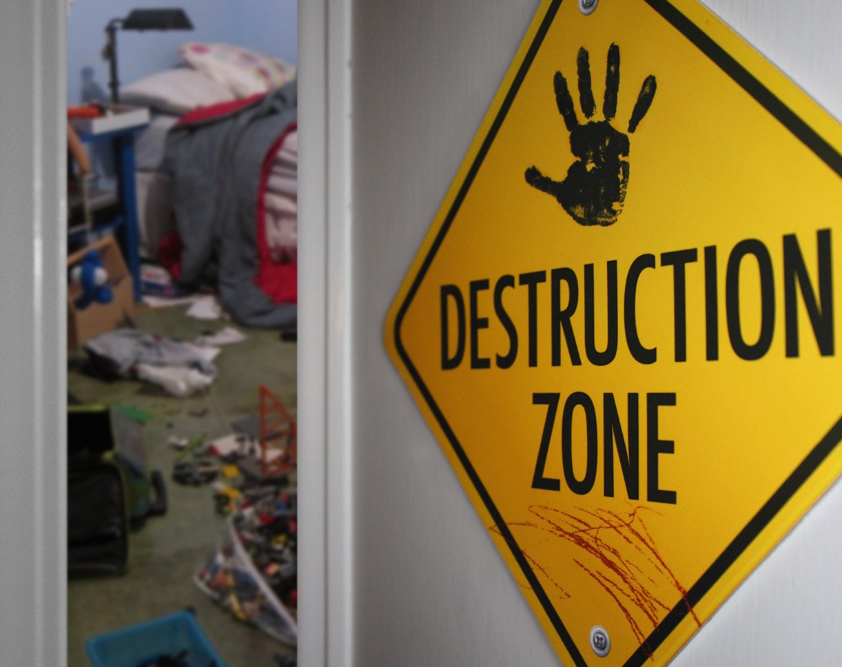 Construction Themed Destruction Zone Road Sign with hand print and scribble