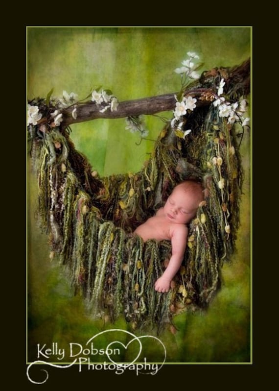 Green Fringe HAMMOCK Photo Prop. Newborn Baby Photography Prop Blanket. 'Verdant' Olive Moss