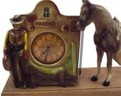 SALE 20% OFF Vintage Cast Metal Rancho Cowboy Clock with E.R. Ives Horse