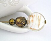 White murano brass hatpin brooch