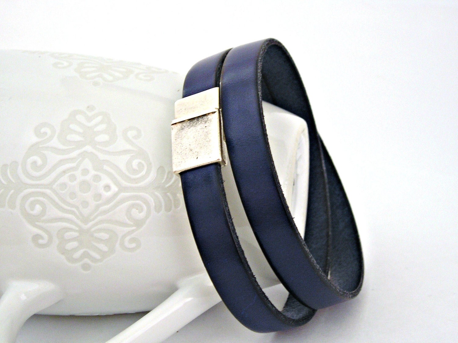 Navy blue leather bracelet double wrapped with magnetic clasp