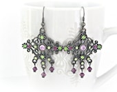 Amethyst and mint colors Swarovski rhinestone antique silver color filigree earrings