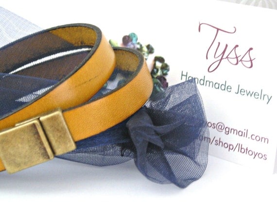 Solar power yellow color leather bracelet double wrapped with magnetic clasp brass color