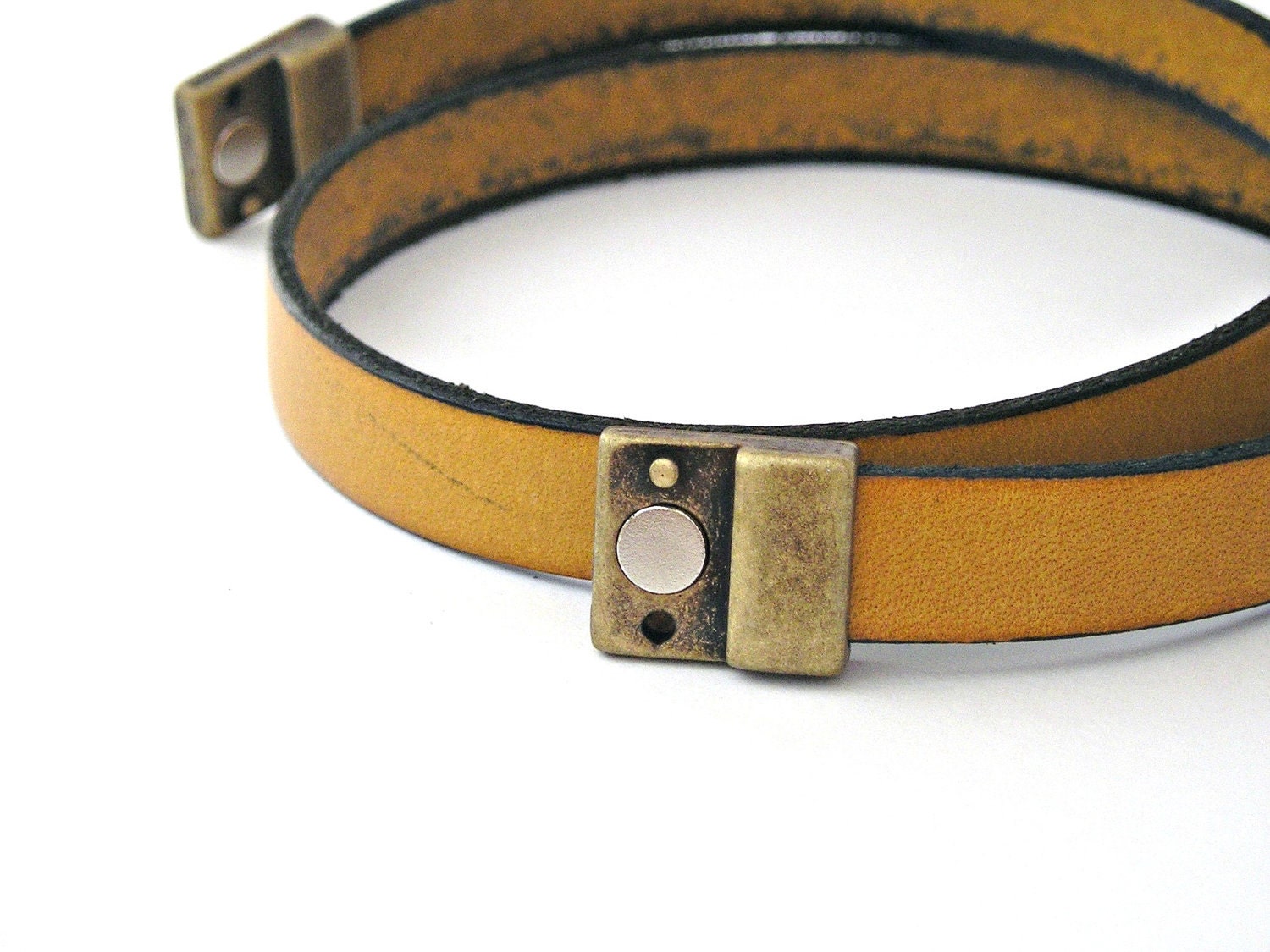 Solar power yellow color leather bracelet double wrapped with magnetic clasp brass color