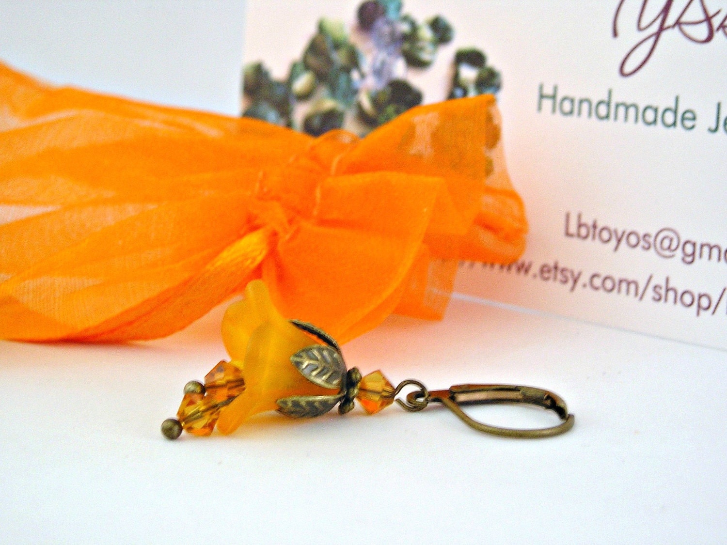 Orange bell flowers brass vintage style earrings
