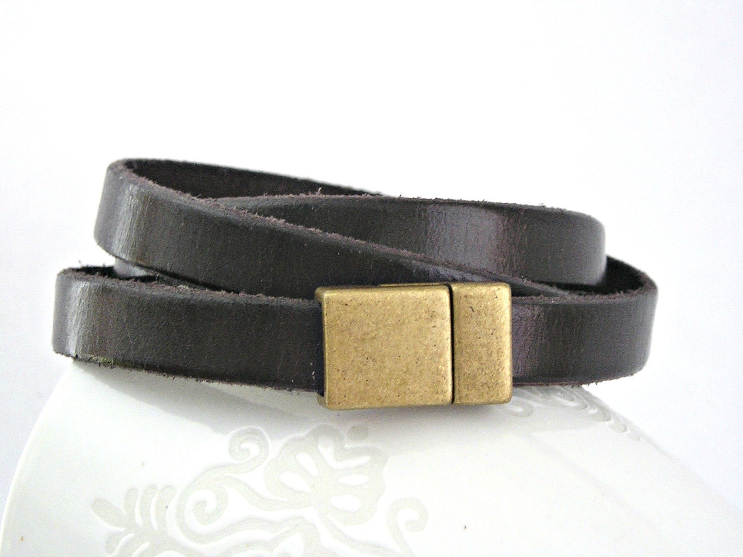 Dark chocolate brown leather bracelet triple wrapped with magnetic clasp