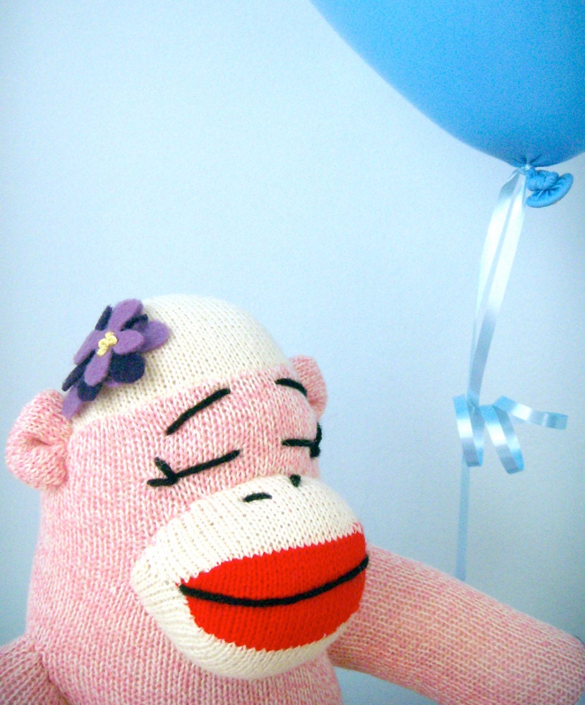Pink Sock Monkey Doll, Handmade, Plush, Girl, Children's Toy, Stuffed Animal