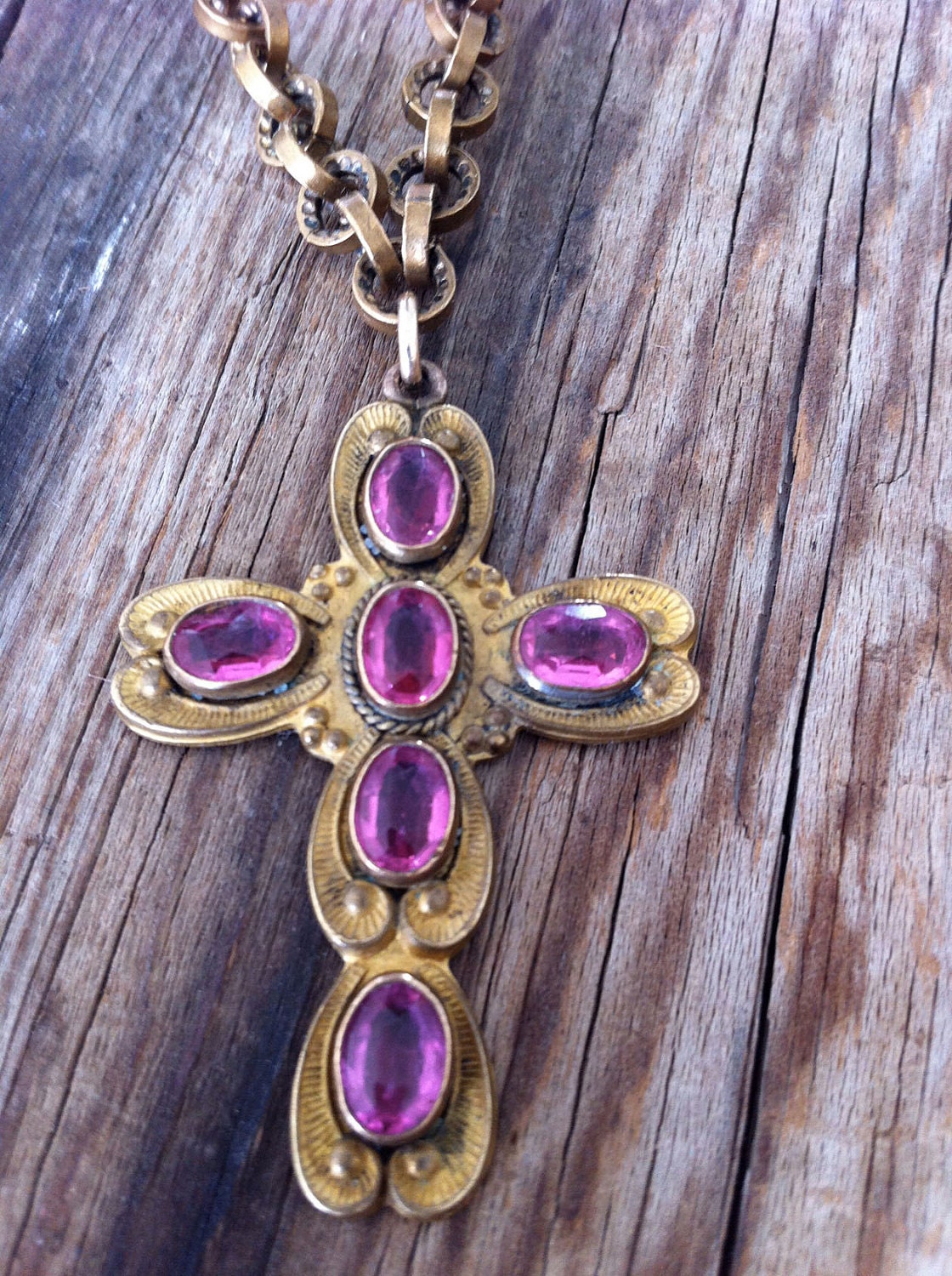 antique 1910s brass and pink glass cross necklace / antique necklace / EASTER