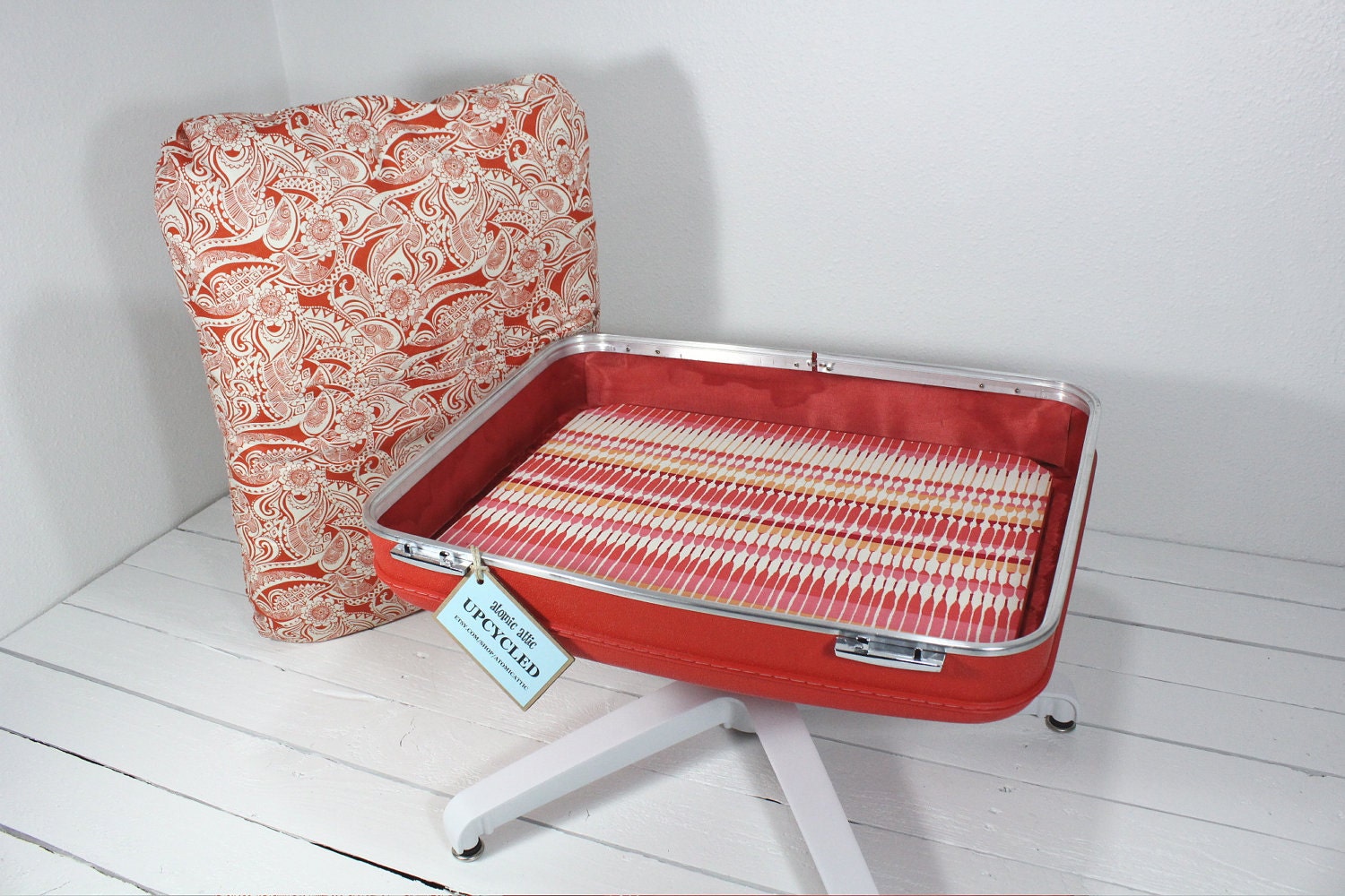 Upcycled Suitcase Pet Bed with Pedestal Base