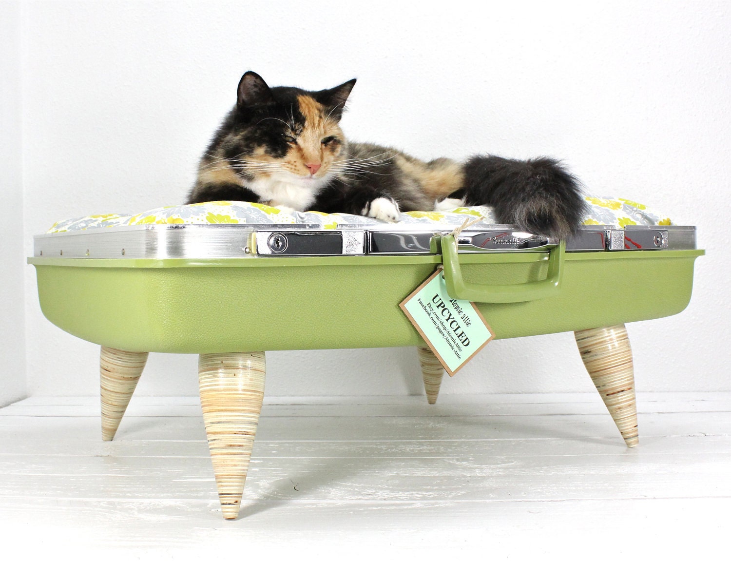 Upcycled Green Samsonite Suitcase Pet Bed - Handmade Plywood Legs