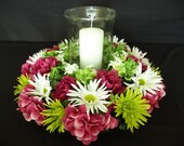 CLEARANCE - Green Pink White Floral Centerpiece, Table Decor, Candle Centerpieces - Item 111