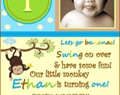 Monkey Birthday Invitation - Boy & Girl Design. Choose your colors.