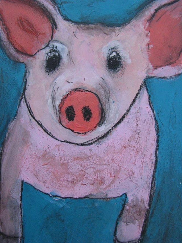 original little pink pig folk art painting on box