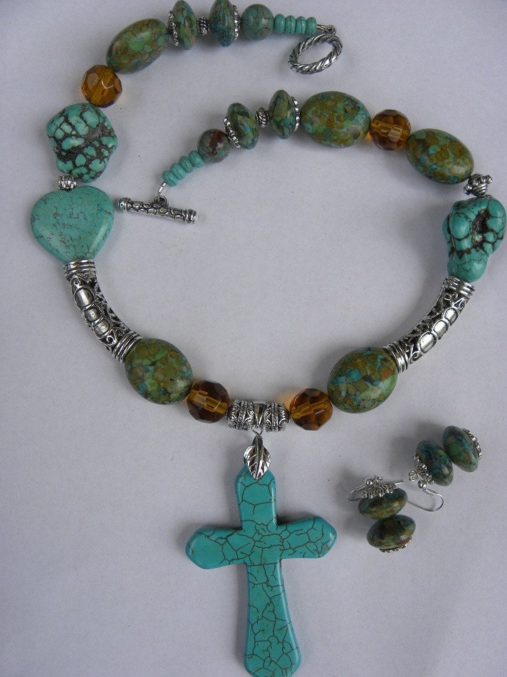 Mosaic Turquoise  Necklace Cross Set