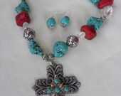 Chunky MagnesiteTurquoise Cross Red Blue  Necklace