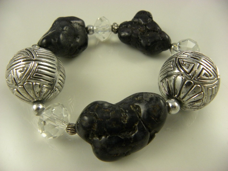 Chunky Handmade Bracelet Black Magnesite Crystals Asian Accents