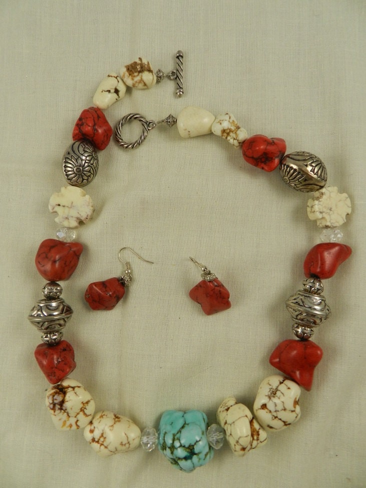 Handmade Chunky Turquoise Necklace Blue Red White