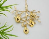 Gold Family Tree Necklace, FOUR Personalized Initial Necklace, Mothers Jewelry, Grandmother Necklace, Christmas Gifts