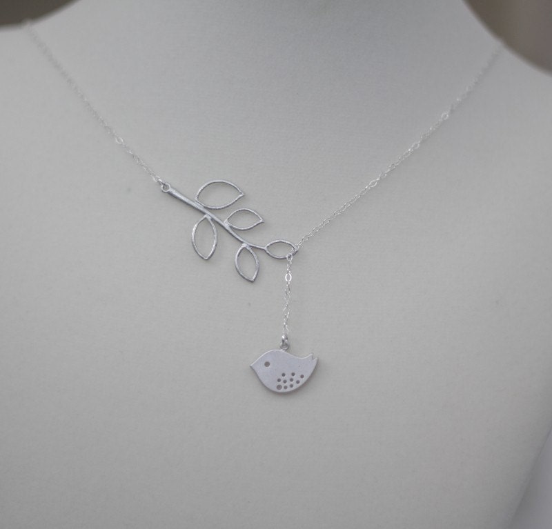 Bird Charm Necklace, Silver Lariat Necklace, Leaf Branch, Bird Jewelry, Sparrow Charm, Birthday Gift, Everyday Wear, Mothers Jewelry