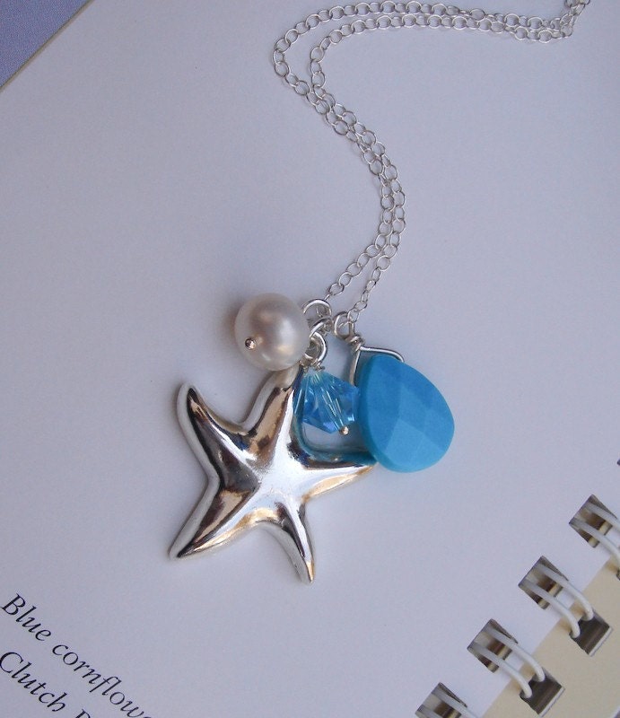 Starfish Turquoise Teardrop Pear Swarovski crystal Sterling Silver Necklace- Beach Wedding Bridal Party Bridesmaid Gift Birthday Gift