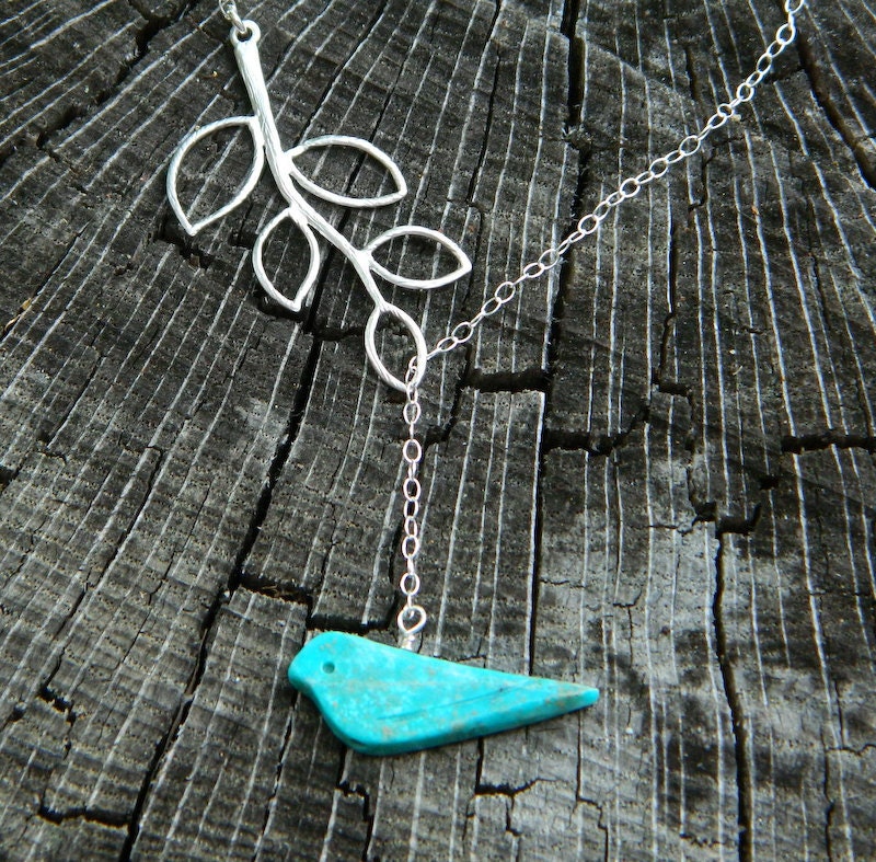 Bird Necklace, Silver Lariat Leaf Branch Necklace, Bird Jewelry, Teal bird necklace, Bridesmaid Necklace, Birthday Gift, Mother's Jewelry