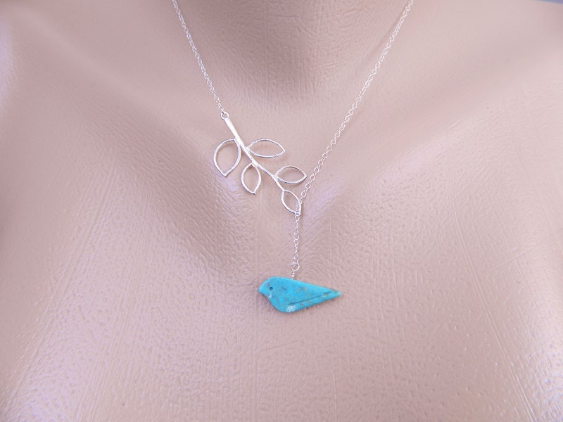 Bird Necklace, Silver Lariat Leaf Branch Necklace, Bird Jewelry, Teal bird necklace, Bridesmaid Necklace, Birthday Gift, Mother's Jewelry