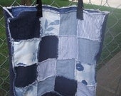 Blue MARKET BAG  Denim  SALE  Waverly Blue Fabric Rugged Upcycled Jeans Shopping Bag Tote Purse Carry On