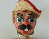 Vintage Chalkware Cinco de Mayo Mexican Man Doll Head with Straw Hat - Big Mustache - ASSEMBLAGE ArT - FOLK ArT