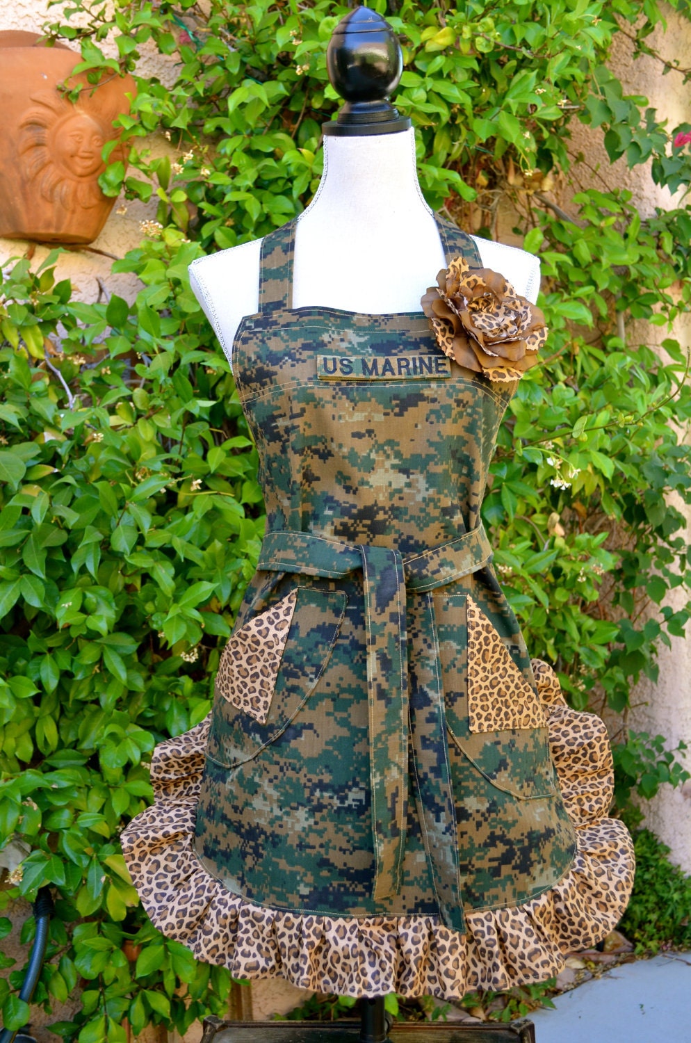 Camoflage Print Womens Full Apron - Military Inspired With Contrasting Leopard Ruffle and Pockets