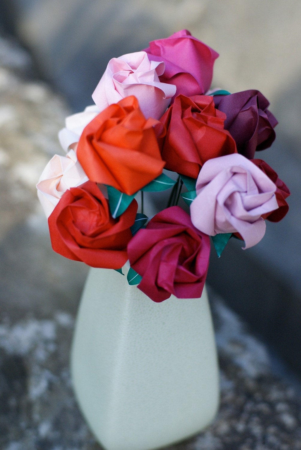 Be My Valentine- One Dozen Origami Roses in Shades of Red and Pink