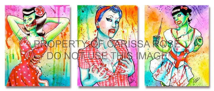 Lowbrow Zombie Rockabilly Pin Up Girls Horror Portrait Art Prints - Set of 3 Zombie Doll Prints 5x7