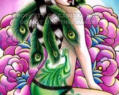 Pin Up Girl with Peacock Tattoo and Feathers Art Print By Carissa Rose 5x7
