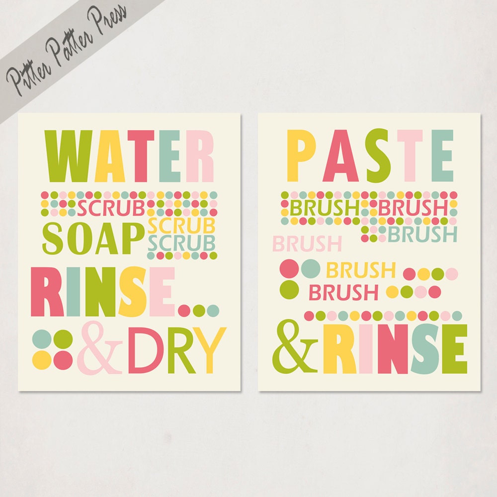 Kids Bathroom Art Prints, Wash Your Hands, Brush Your Teeth, Set of Two, pick custom colors, size 8X10