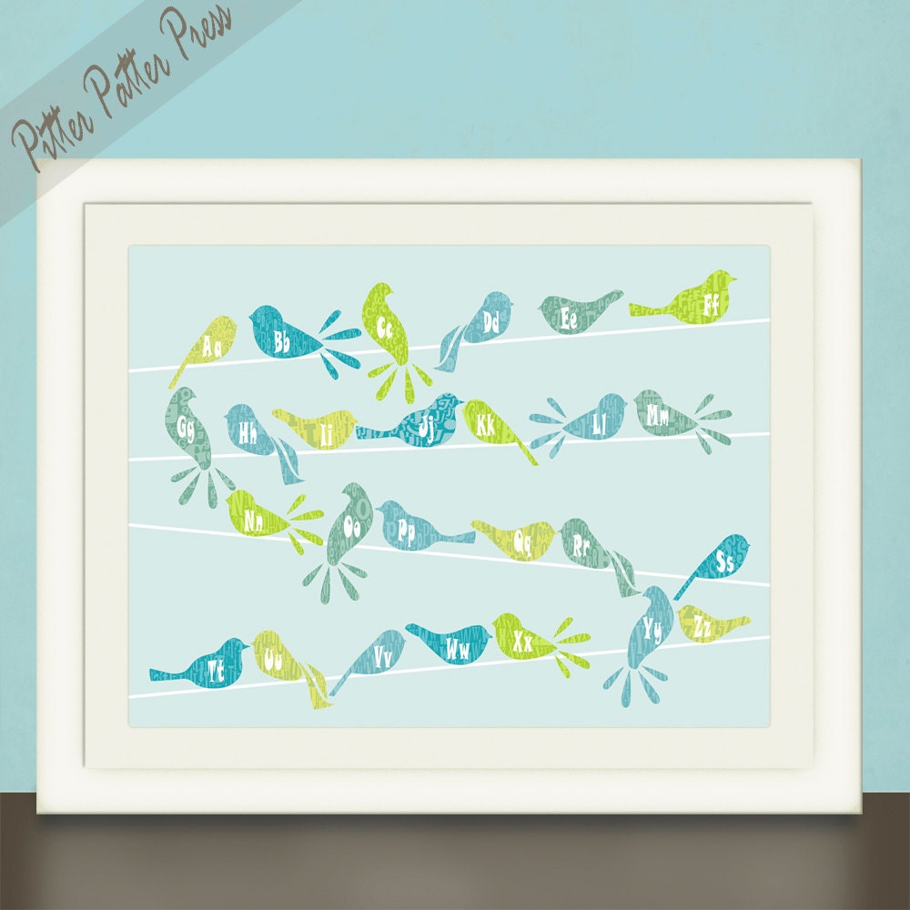 Nursery Art for boy of girl, Birds on a Wire, Alphabet letters, Wall Art Print in Custom Colors, size 11x14