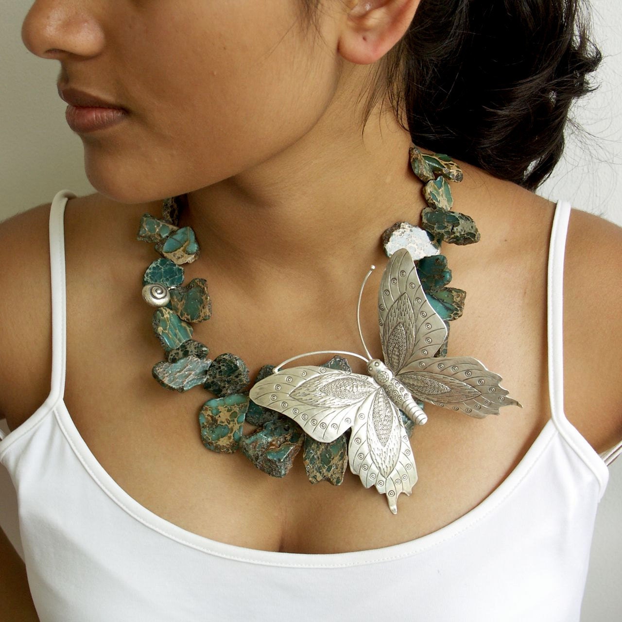 Large Silver Butterfly, Snail, Imperial Jasper Necklace: Haiku inspired