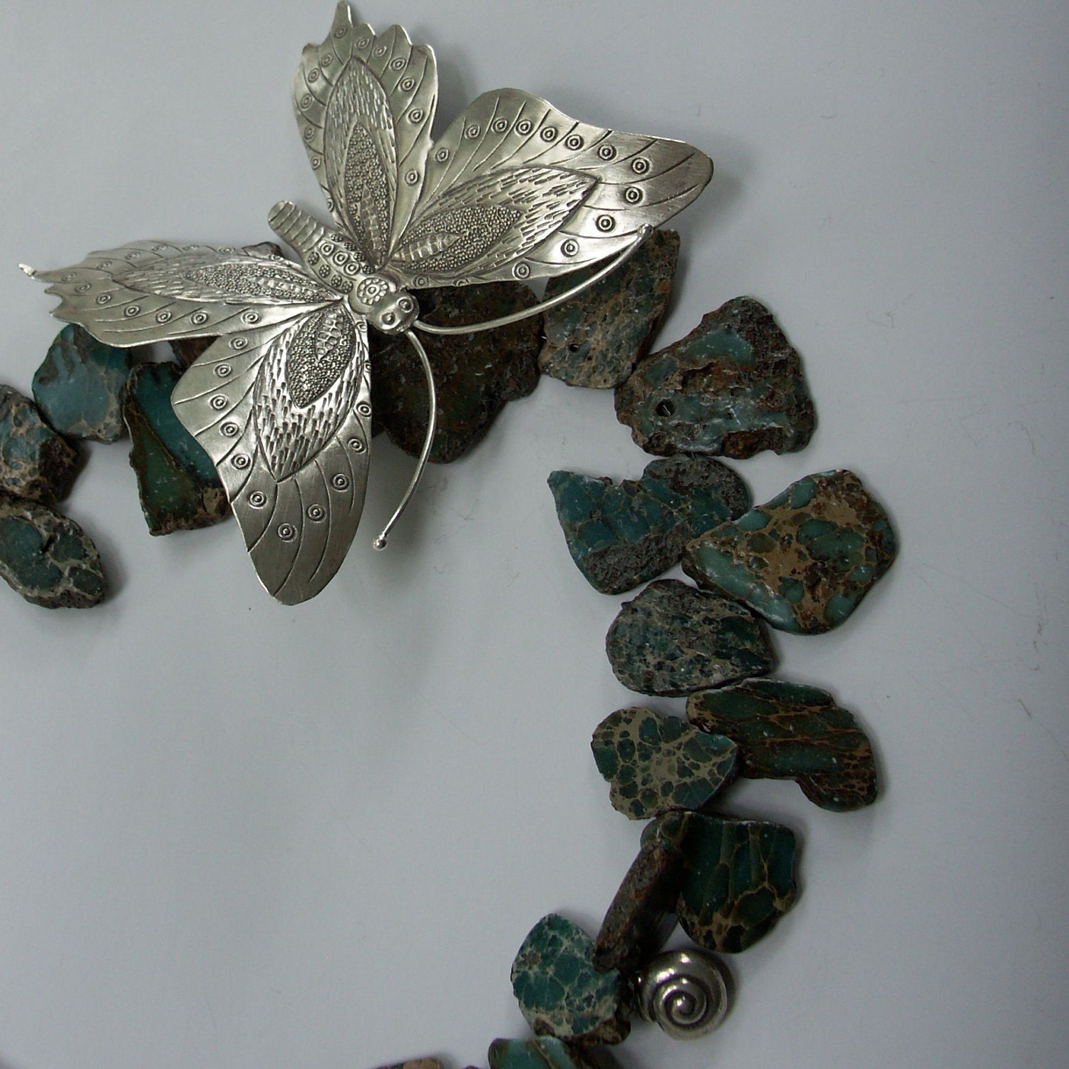 Large Silver Butterfly, Snail, Imperial Jasper Necklace: Haiku inspired