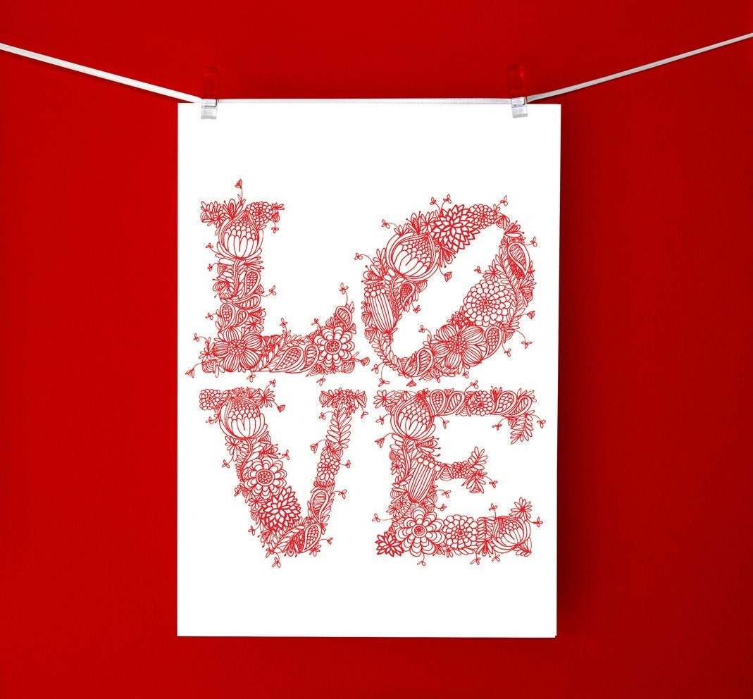 Pretty, red, detailed pattern, love, fine art print.