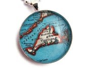 Vintage Martha's Vineyard Island Map Pendant Glass Dome Silver Tray & Chain Wearable Art