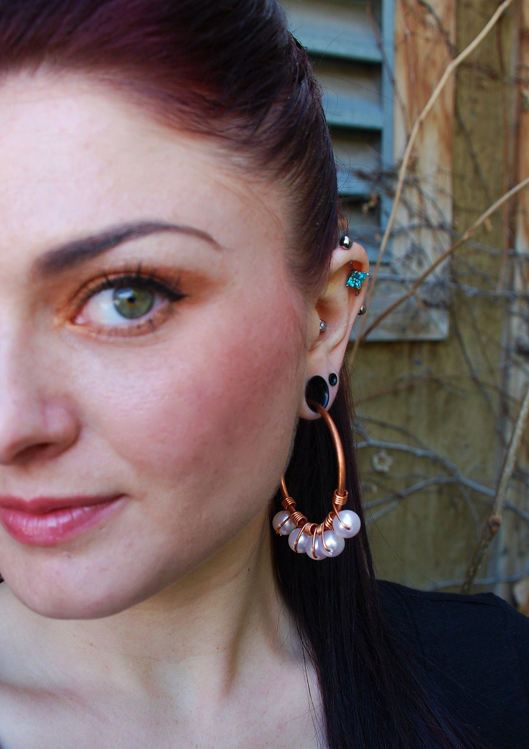 Coil Closure Copper Hoops with Pearls - Earrings for Stretched Lobes - Gauges