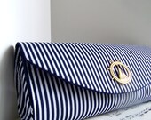 Nautical navy blue clutch purse with gold ship, stripes, bridesmaid clutch, nautical wedding.