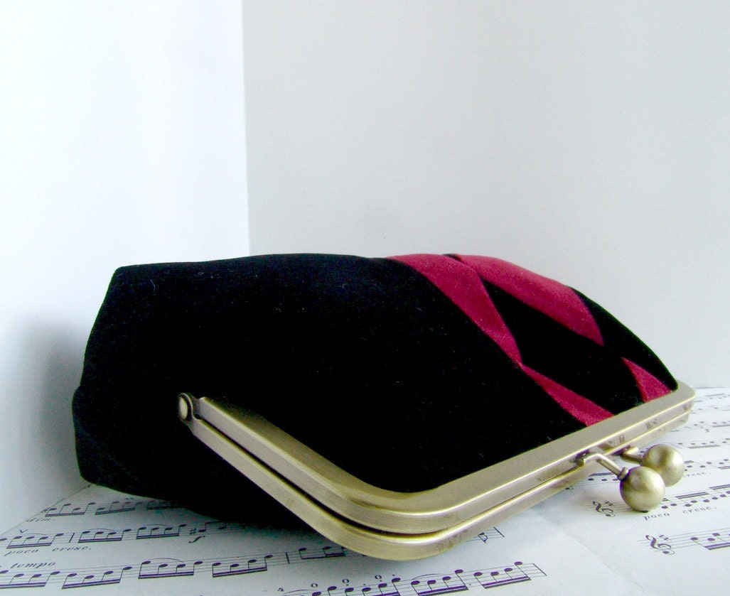 Reserved for Nikki Venetian diamonds Velvet clutch purse, Harlequin black and red clutch bag