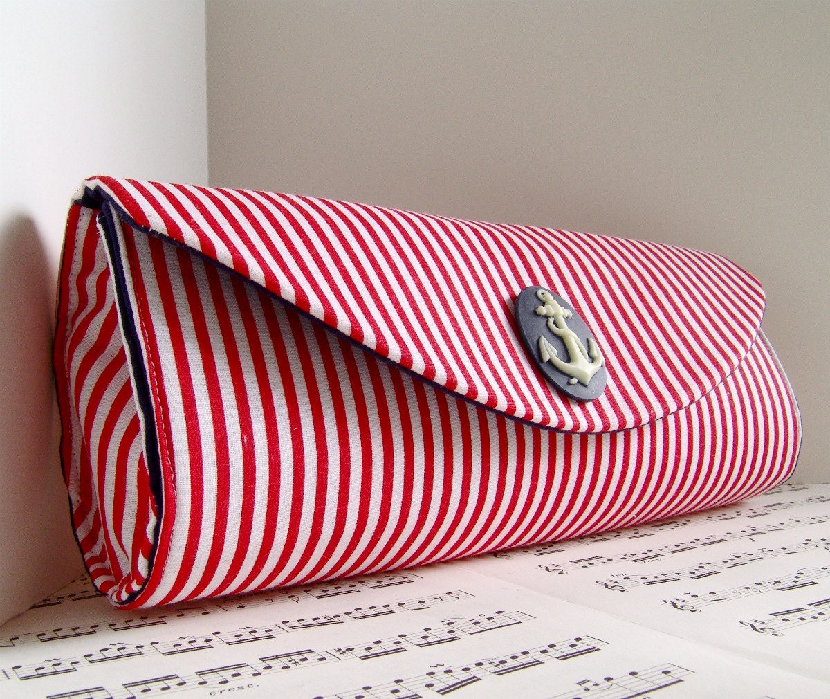 Nautical clutch purse with blue anchor cameo. Red and white stripes. Made to order