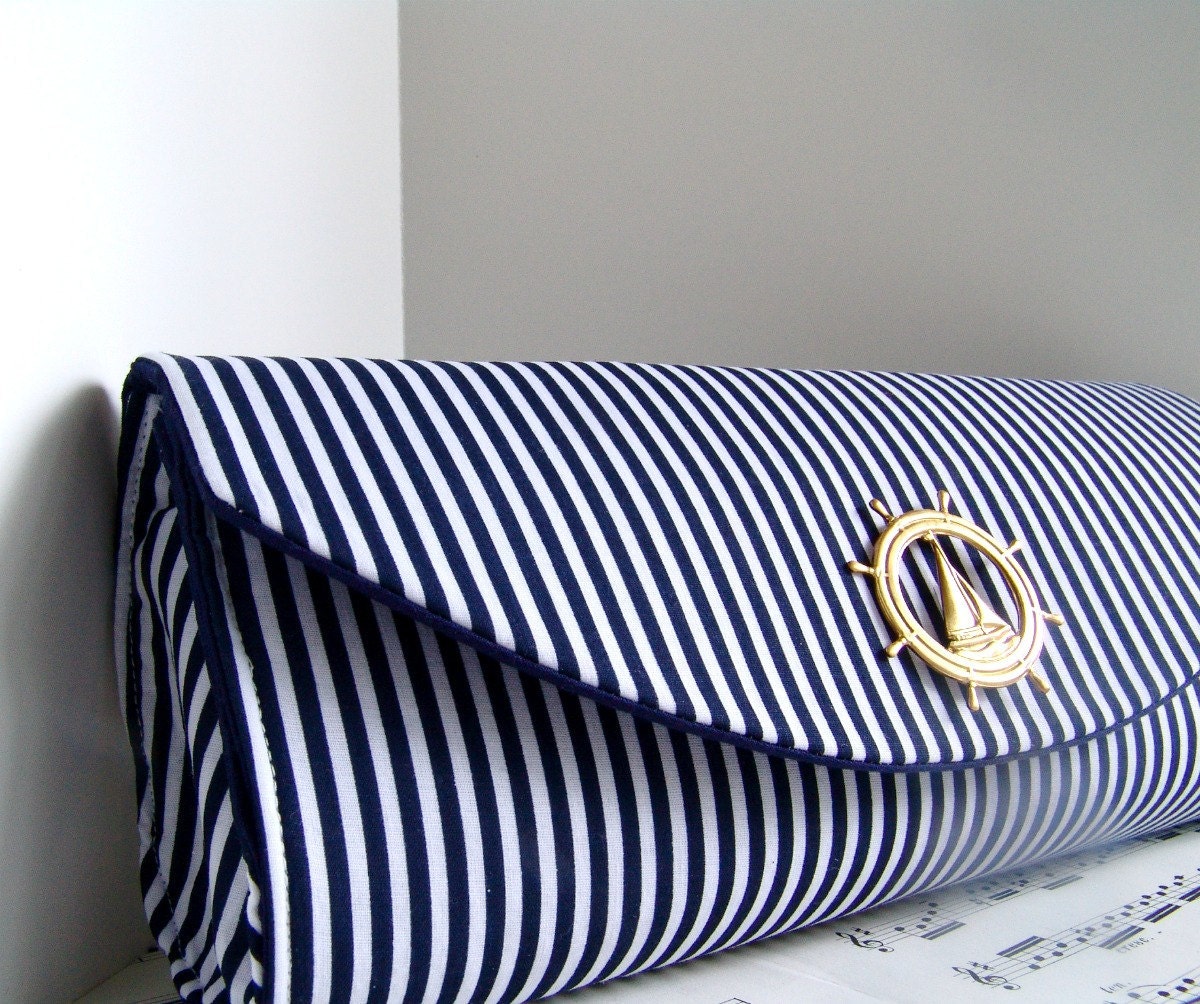 Nautical navy blue clutch purse with gold ship, stripes, bridesmaid clutch, nautical wedding.