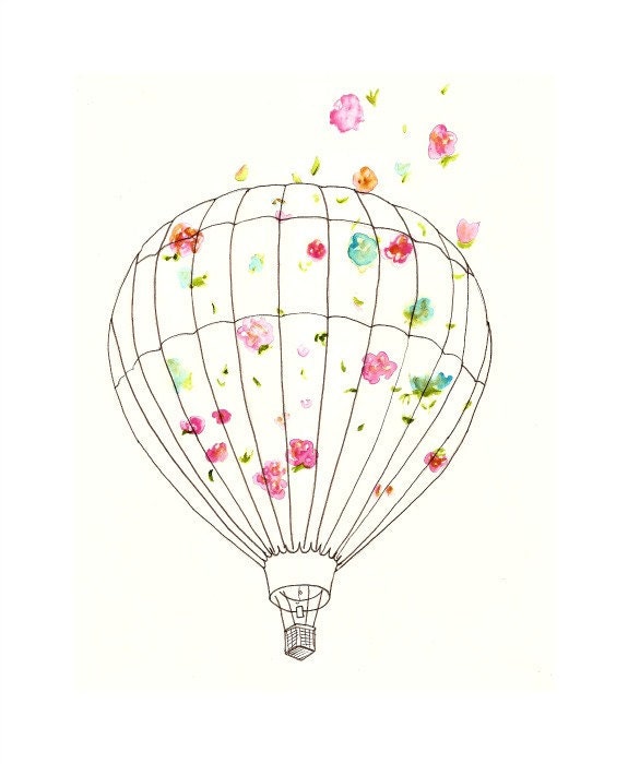 Hot Air Balloon, Art Print for Nursery, Home Decor, All Rooms - 8x10 - Floral, Flowers, Flying, Shabby Chic, Wildflowers, Wind, White