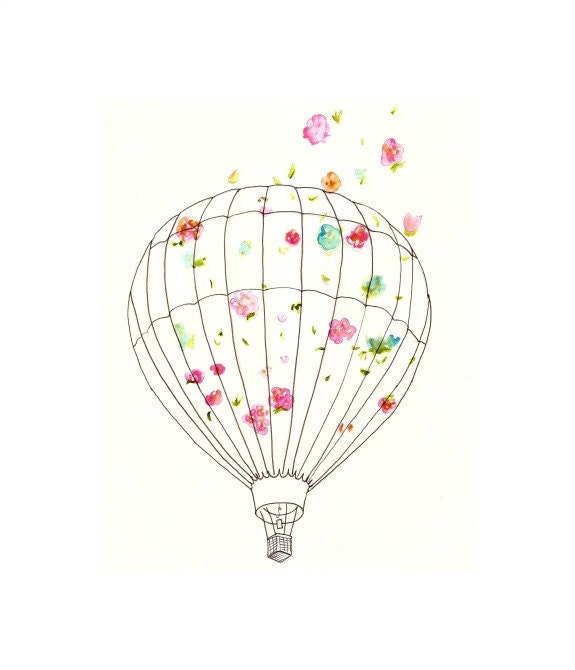 Hot Air Balloon, Art Print for Nursery, Home Decor, All Rooms - 8x10 - Floral, Flowers, Flying, Shabby Chic, Wildflowers, Wind, White