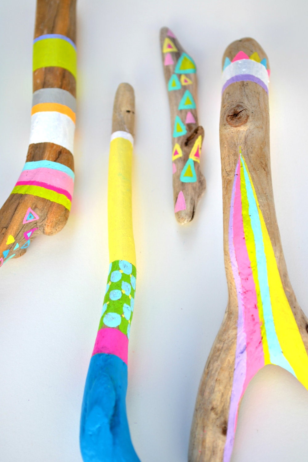 Painted Sticks - 6 Piece Collection, Tribal Geometry, Neon Triangles, Stripes, Chevron, Rainbow - Braid, Feather - Beach Decor, Driftwood