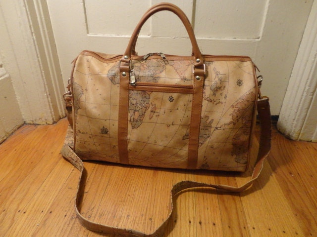 Vintage Globe Map Vinyl Vegan Duffle Duffel Gym Shoulder Bag Hold All Carry On